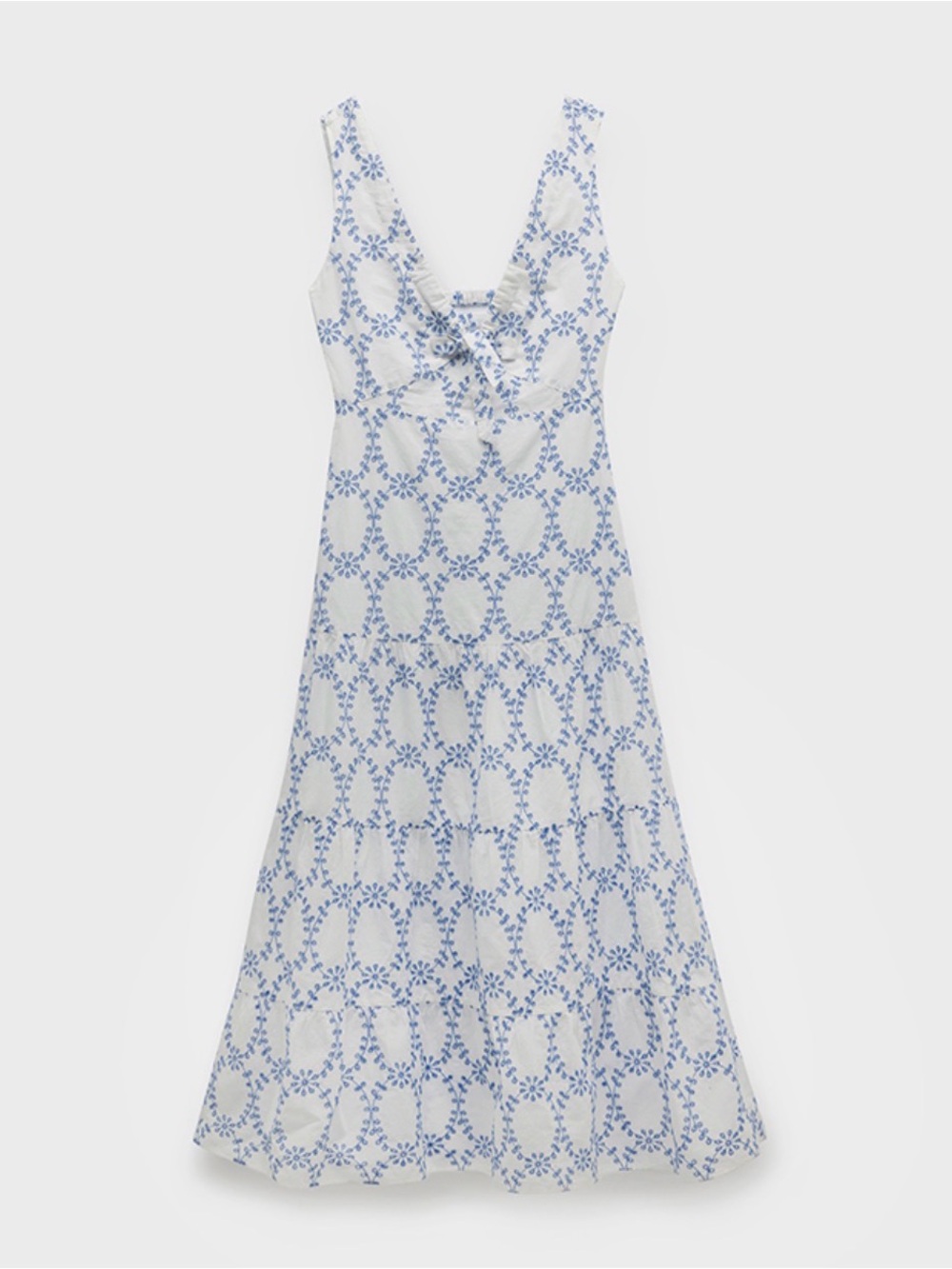 White and Blue Tie-Front Maxi Dress